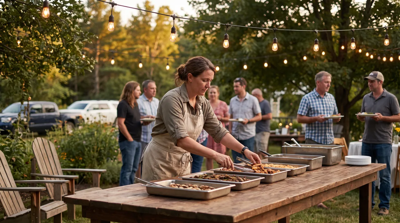 A caterer serving guests at an outdoor evening event